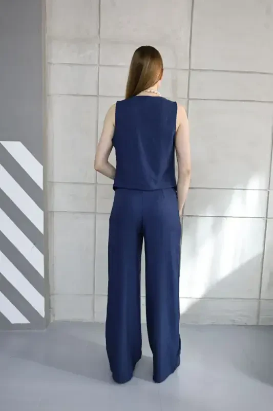 Sofia Linen Pocketed Vest and Pants Set - Navy Blue - 4