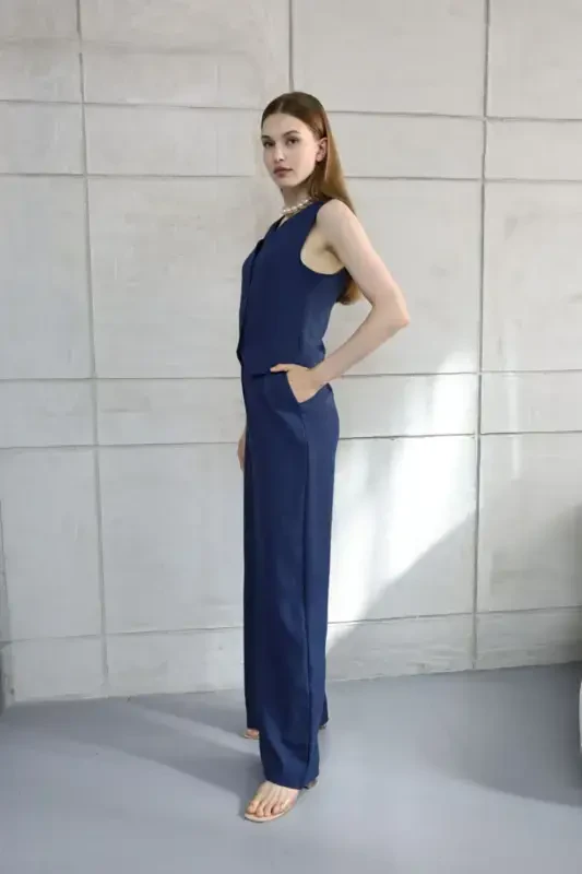 Sofia Linen Pocketed Vest and Pants Set - Navy Blue - 5