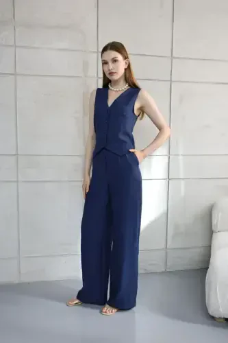 Sofia Linen Pocketed Vest and Pants Set - Navy Blue - 6