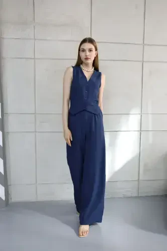 Sofia Linen Pocketed Vest and Pants Set - Navy Blue - 7