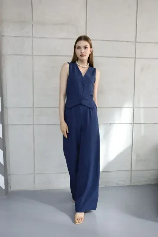 Sofia Linen Pocketed Vest and Pants Set - Navy Blue - 7