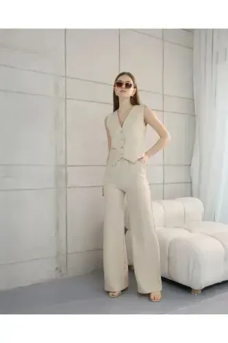 Sofia Linen Pocketed Vest and Pants Set-Stone - 1