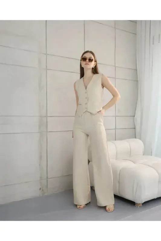 Sofia Linen Pocketed Vest and Pants Set-Stone - 1