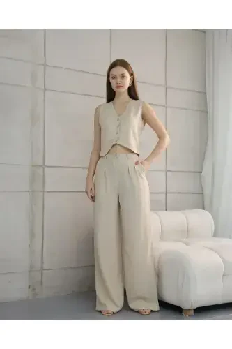 Sofia Linen Pocketed Vest and Pants Set-Stone - 2