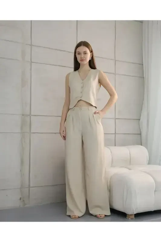 Sofia Linen Pocketed Vest and Pants Set-Stone - 2
