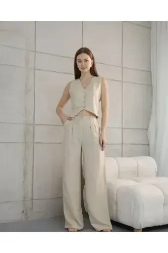 Sofia Linen Pocketed Vest and Pants Set-Stone - 3