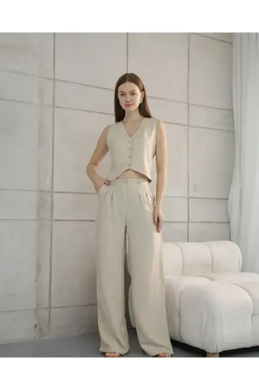 Sofia Linen Pocketed Vest and Pants Set-Stone - 3