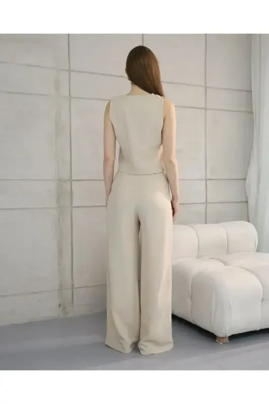 Sofia Linen Pocketed Vest and Pants Set-Stone - 4