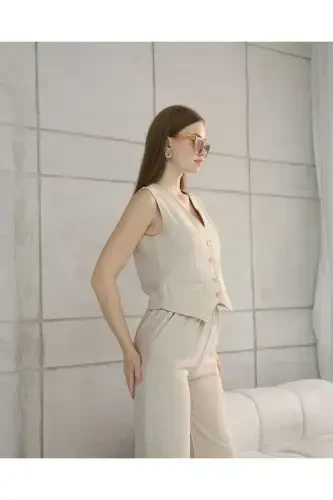 Sofia Linen Pocketed Vest and Pants Set-Stone - 5