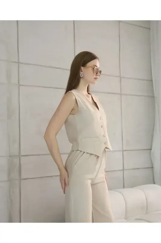 Sofia Linen Pocketed Vest and Pants Set-Stone - 5