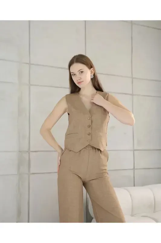Sofia Linen Pocketed Vest Pantsuit-Mink - MITAY