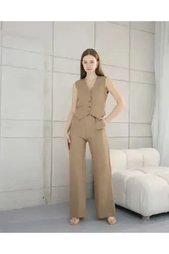 Sofia Linen Pocketed Vest Pantsuit-Mink - 3