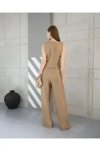 Sofia Linen Pocketed Vest Pantsuit-Mink - 4