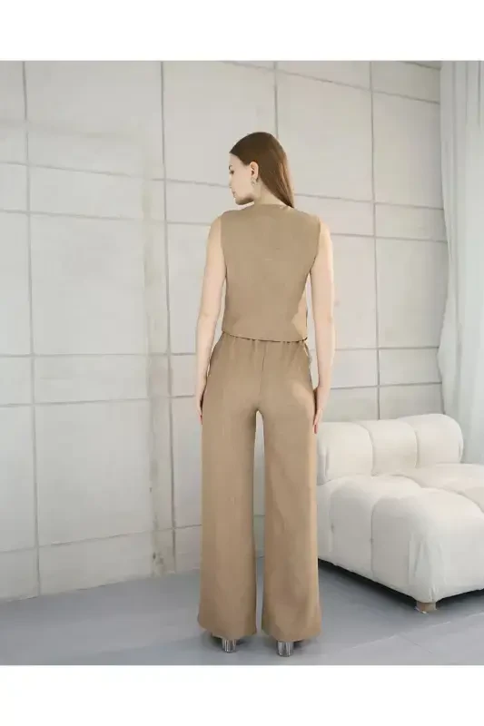 Sofia Linen Pocketed Vest Pantsuit-Mink - 5