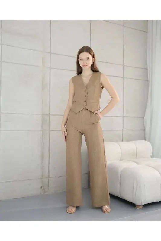 Sofia Linen Pocketed Vest Pantsuit-Mink - 4