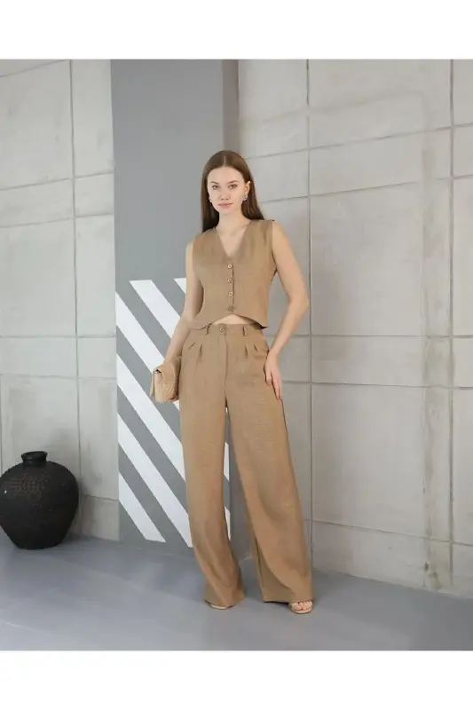 Sofia Linen Pocketed Vest Pantsuit-Mink - 7