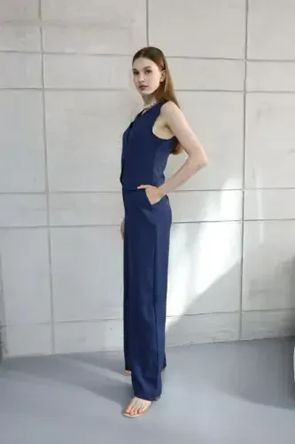София Льняной Комплект Брюки и Жилет с Карманами - Темно-синий - 5