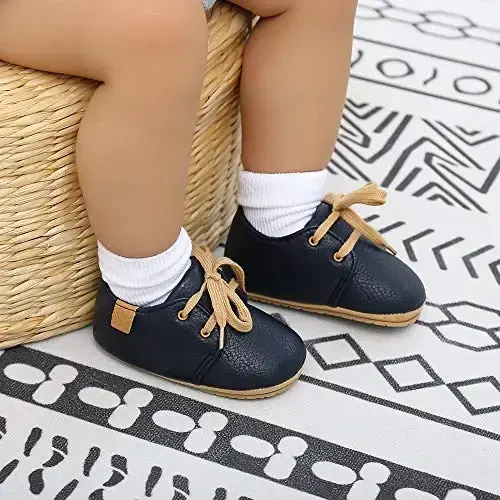 SOFMUO Baby Boys Girls Lace Up Leather Sneakers Soft Rubber Sole Infant Moccasins Newborn Oxford Loafers Anti-Slip Toddler Wedding Uniform Dress Shoes - 3