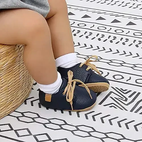 SOFMUO Baby Boys Girls Lace Up Leather Sneakers Soft Rubber Sole Infant Moccasins Newborn Oxford Loafers Anti-Slip Toddler Wedding Uniform Dress Shoes - 4