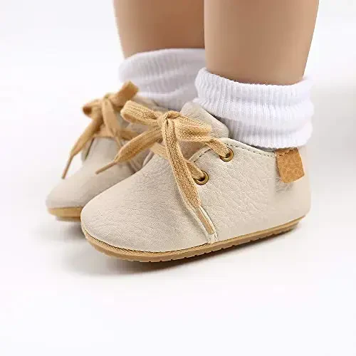 SOFMUO Baby Boys Girls Lace Up Leather Sneakers Soft Rubber Sole Infant Moccasins Newborn Oxford Loafers Anti-Slip Toddler Wedding Uniform Dress Shoes - 4