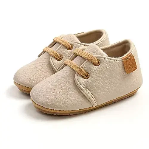 SOFMUO Baby Boys Girls Lace Up Leather Sneakers Soft Rubber Sole Infant Moccasins Newborn Oxford Loafers Anti-Slip Toddler Wedding Uniform Dress Shoes - 6