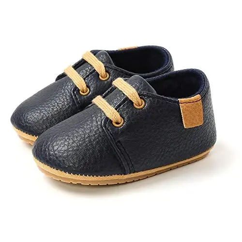 SOFMUO Baby Boys Girls Lace Up Leather Sneakers Soft Rubber Sole Infant Moccasins Newborn Oxford Loafers Anti-Slip Toddler Wedding Uniform Dress Shoes - 6