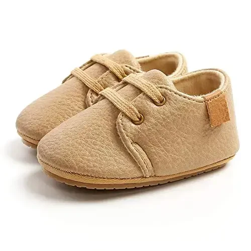 SOFMUO Baby Boys Girls Lace Up Leather Sneakers Soft Rubber Sole Infant Moccasins Newborn Oxford Loafers Anti-Slip Toddler Wedding Uniform Dress Shoes - 6