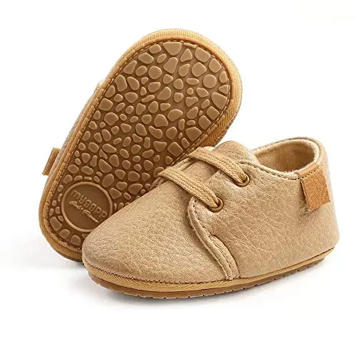 SOFMUO Baby Boys Girls Lace Up Leather Sneakers Soft Rubber Sole Infant Moccasins Newborn Oxford Loafers Anti-Slip Toddler Wedding Uniform Dress Shoes 