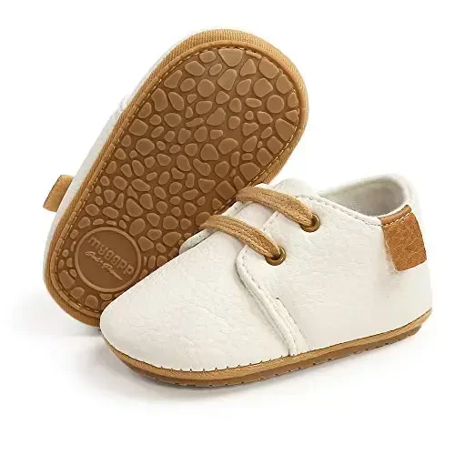 SOFMUO Baby Boys Girls Lace Up Leather Sneakers Soft Rubber Sole Infant Moccasins Newborn Oxford Loafers Anti-Slip Toddler Wedding Uniform Dress Shoes 