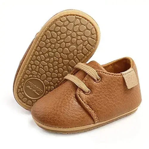 SOFMUO Baby Boys Girls Lace Up Leather Sneakers Soft Rubber Sole Infant Moccasins Newborn Oxford Loafers Anti-Slip Toddler Wedding Uniform Dress Shoes 