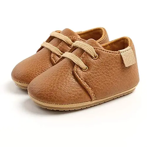SOFMUO Baby Boys Girls Lace Up Leather Sneakers Soft Rubber Sole Infant Moccasins Newborn Oxford Loafers Anti-Slip Toddler Wedding Uniform Dress Shoes - 6