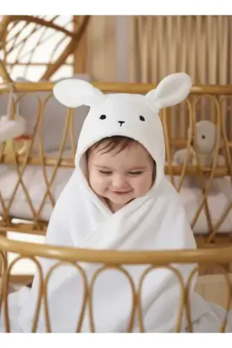 Soft Cotton Unisex Newborn/Baby Bath Swaddle Towel WHITE/RABBIT - 1