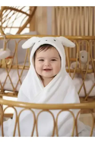 Soft Cotton Unisex Newborn/Baby Bath Swaddle Towel WHITE/RABBIT - PAMUK HANIM (1)