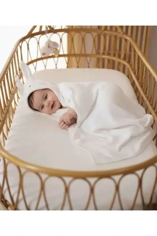 Soft Cotton Unisex Newborn/Baby Bath Swaddle Towel WHITE/RABBIT - 3