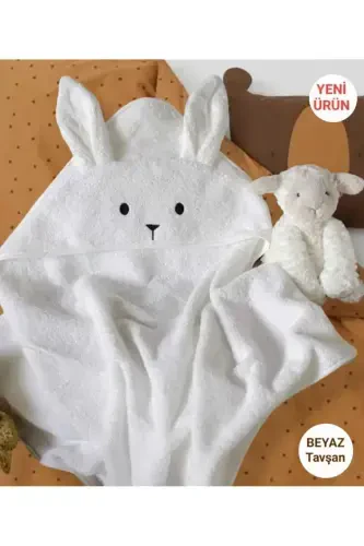 Soft Cotton Unisex Newborn/Baby Bath Swaddle Towel WHITE/RABBIT - 4