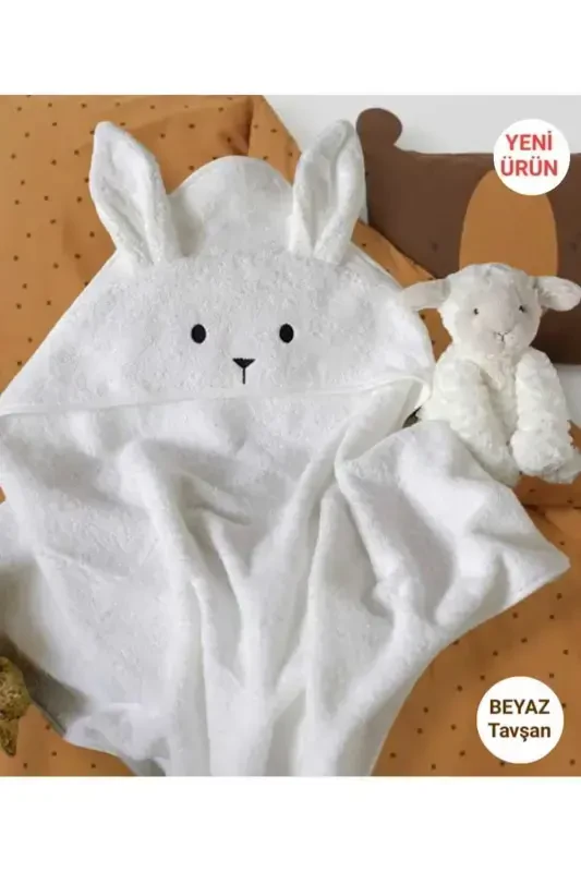 Soft Cotton Unisex Newborn/Baby Bath Swaddle Towel WHITE/RABBIT - 4