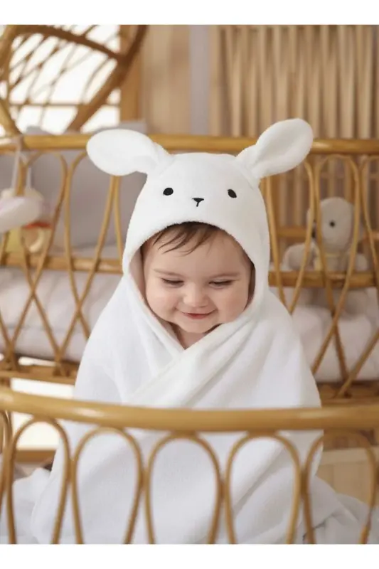 Soft Cotton Unisex Newborn/Baby Bath Swaddle Towel WHITE/RABBIT - PAMUK HANIM