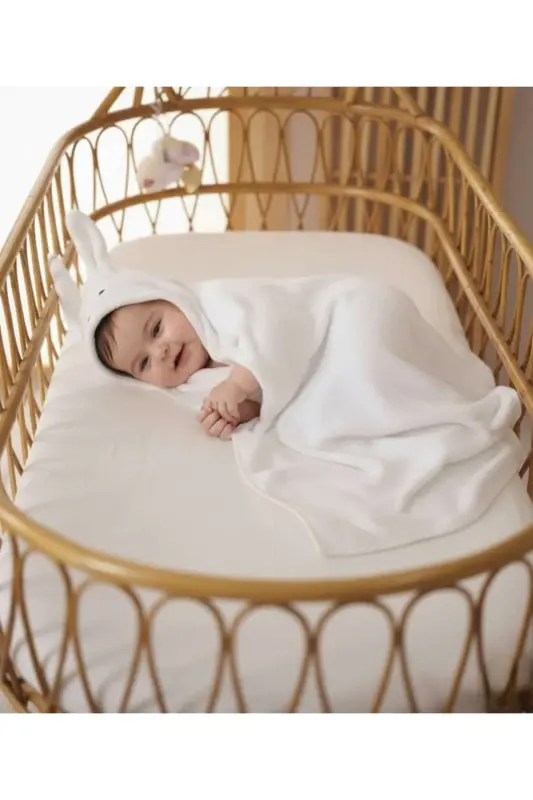 Soft Cotton Unisex Newborn/Baby Bath Swaddle Towel WHITE/RABBIT - 3
