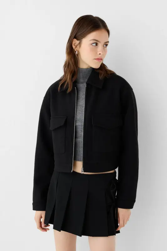 Soft crop jacket-Black - BERSHKA