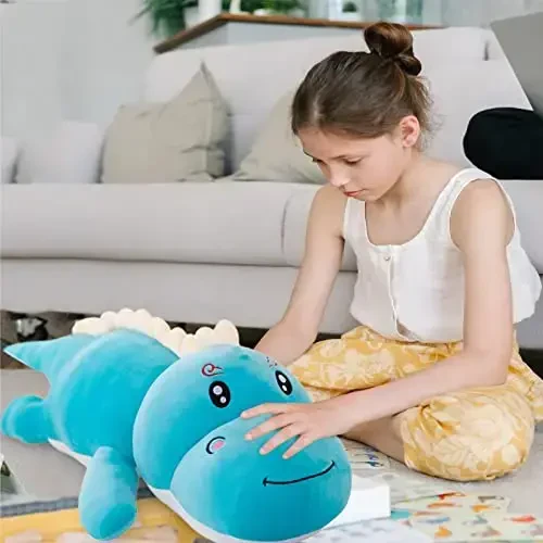 Soft Dinosaur Plush Toy Pillow, Cute Stuffed Animals Doll, Lumbar Back Cushion, Great Gift for Kids Birthday, Valentine (Blue, 31.4in) - 2