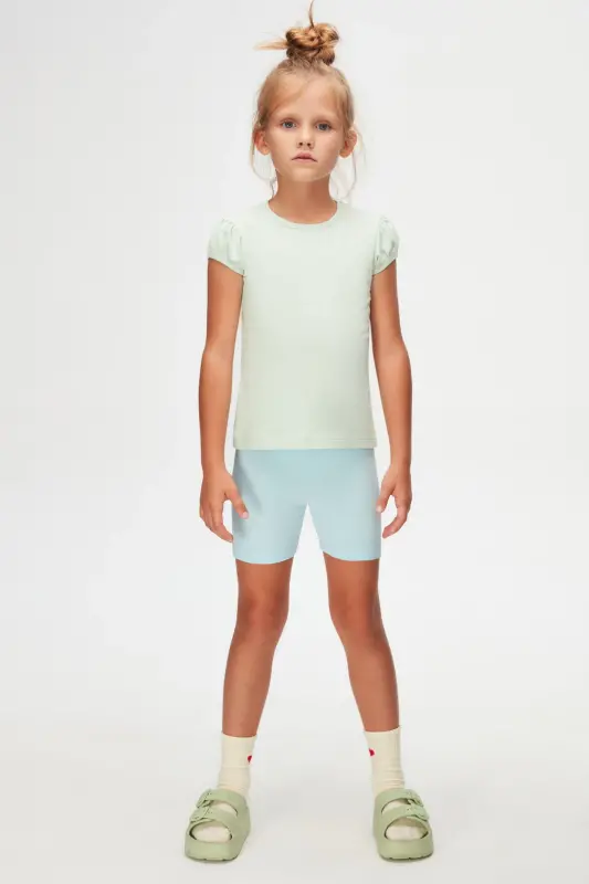 Soft Green Basic Girl Crew Neck Melon Sleeve T-shirt-SPRAY GREEN - 1