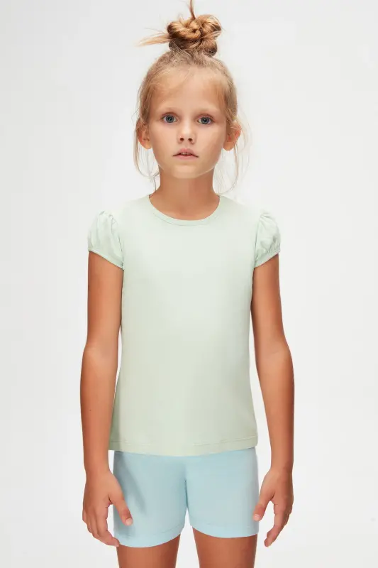 Soft Green Basic Girl Crew Neck Melon Sleeve T-shirt-SPRAY GREEN - 2