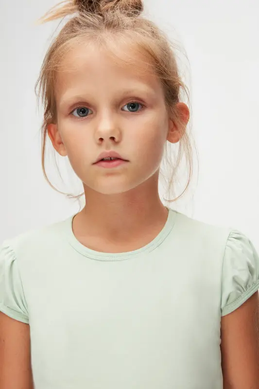 Soft Green Basic Girl Crew Neck Melon Sleeve T-shirt-SPRAY GREEN - 3