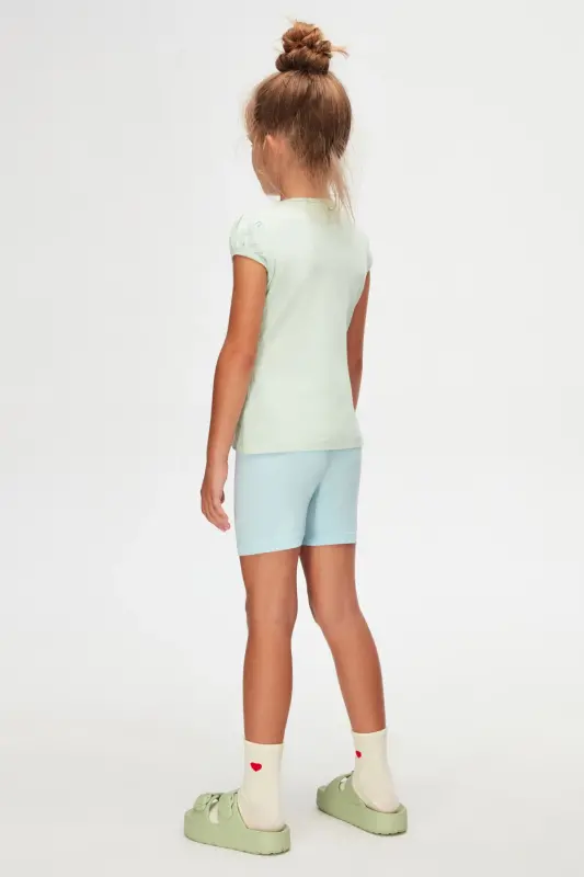 Soft Green Basic Girl Crew Neck Melon Sleeve T-shirt-SPRAY GREEN - 4