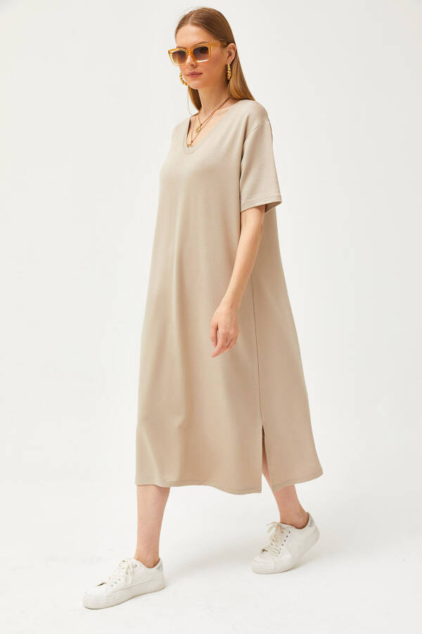 Soft textured, beige, V-neck dress with side slit (ELB-19002063) - 1