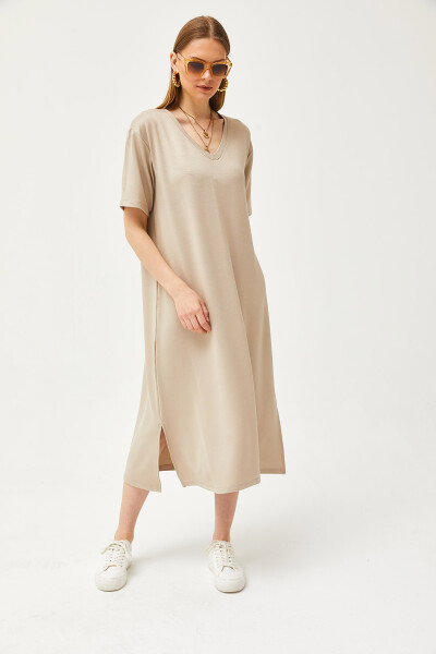 Soft textured, beige, V-neck dress with side slit (ELB-19002063) - OLALOOK (1)
