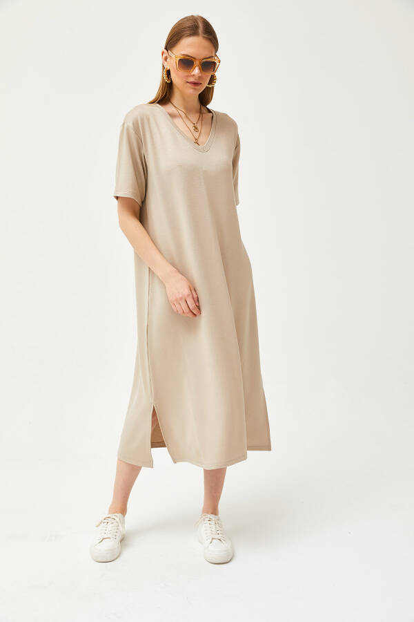 Soft textured, beige, V-neck dress with side slit (ELB-19002063) - 2