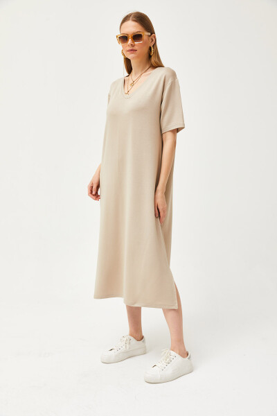 Soft textured, beige, V-neck dress with side slit (ELB-19002063) - 3