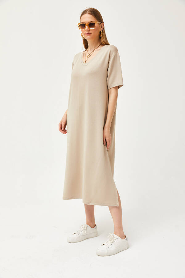 Soft textured, beige, V-neck dress with side slit (ELB-19002063) - 3