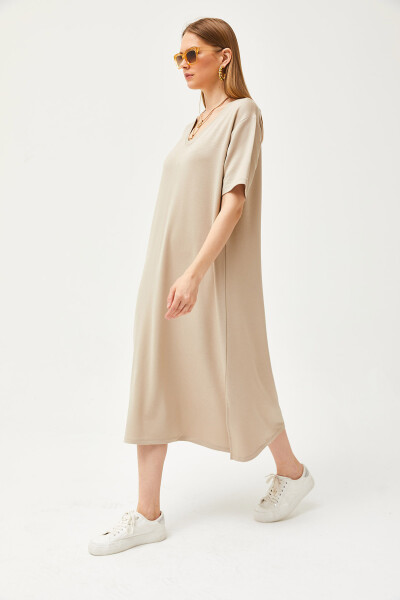 Soft textured, beige, V-neck dress with side slit (ELB-19002063) - 4